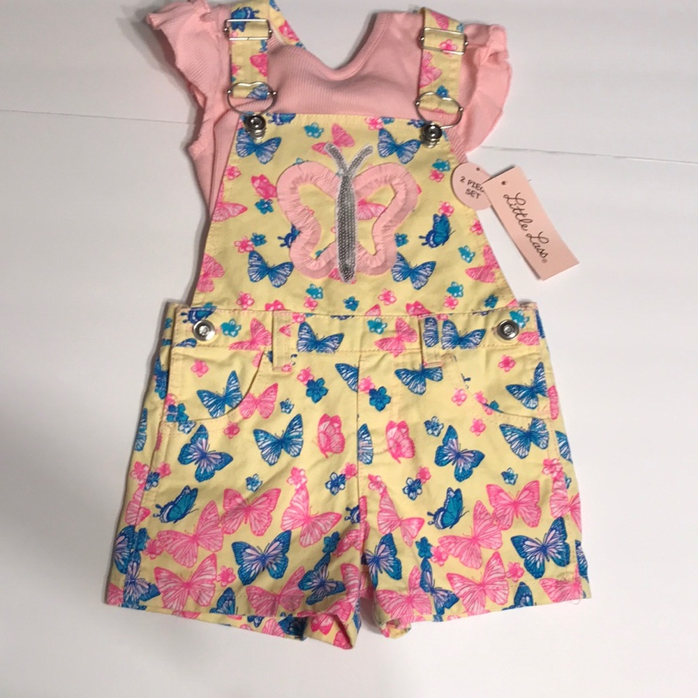 Toddler Girls jumper shorts Little Lass 2T butterfly overalls yellow pink new